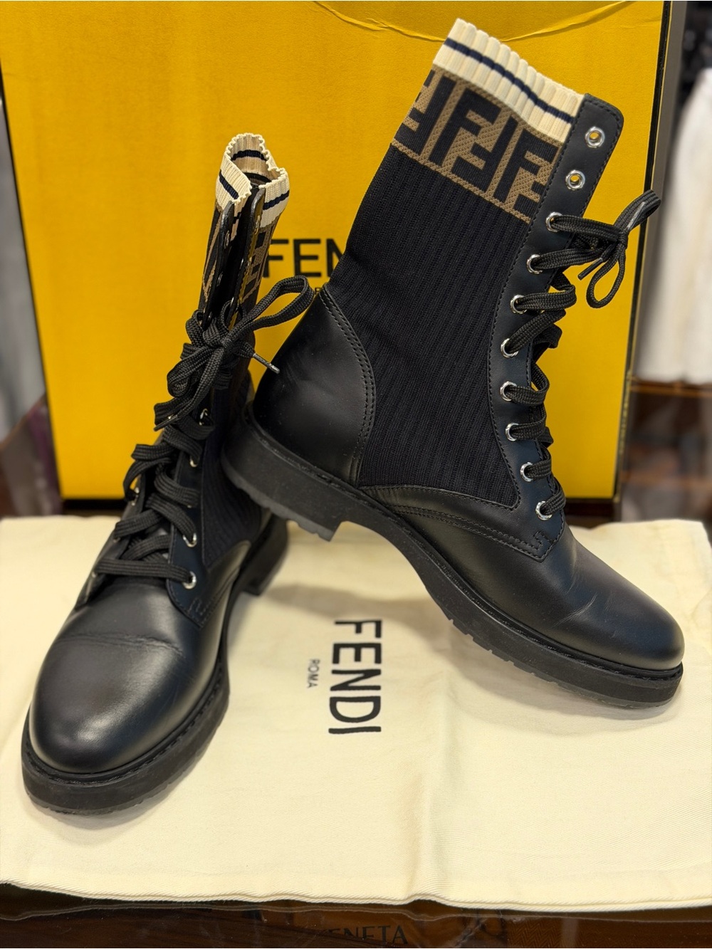 Fendi Black Leather & Brown Logo Knit Combat Boots